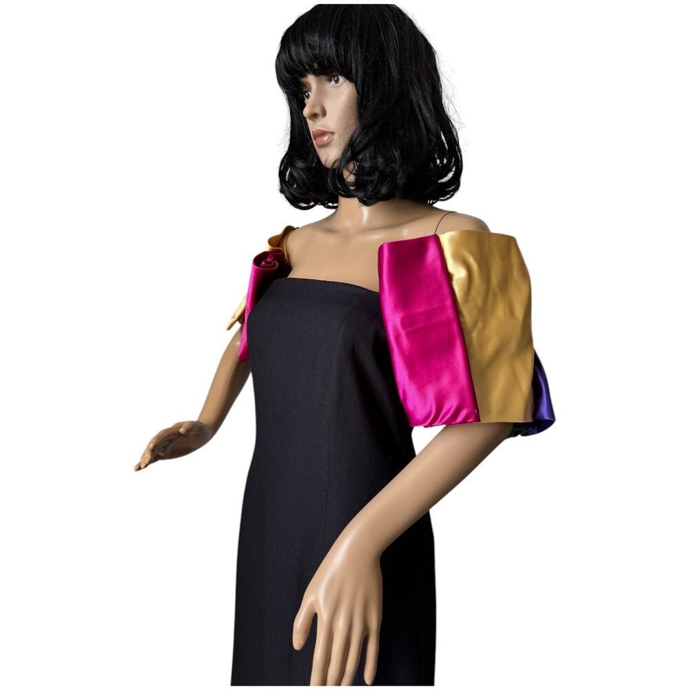 Vintage 80's black with off shoulder multi colors puff satin sleeves size s-m - Picture 15 of 16